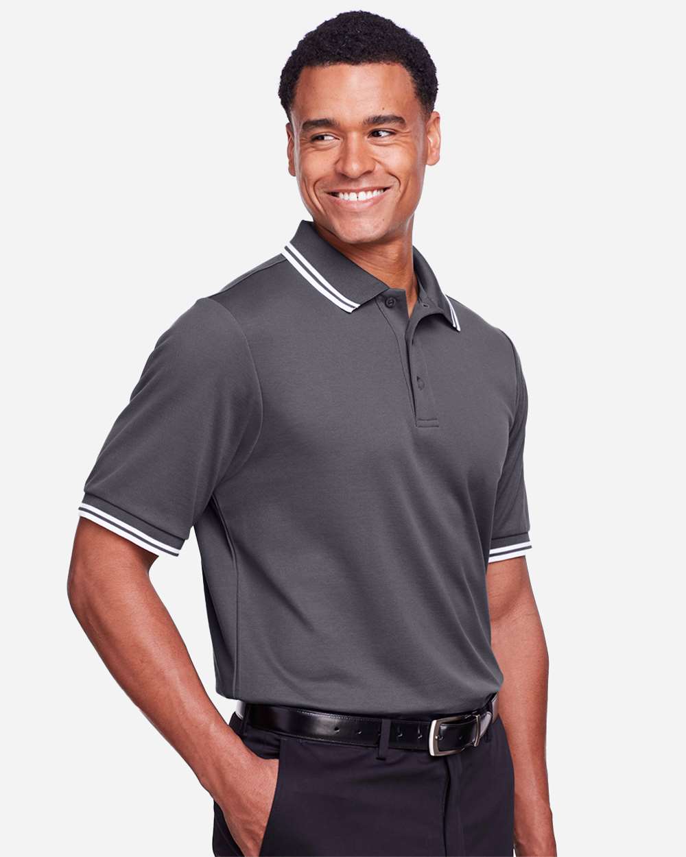 Men's CrownLux Performance® Plaited Tipped Polo - OnModelSide - B633B2133 - Graphite/ White