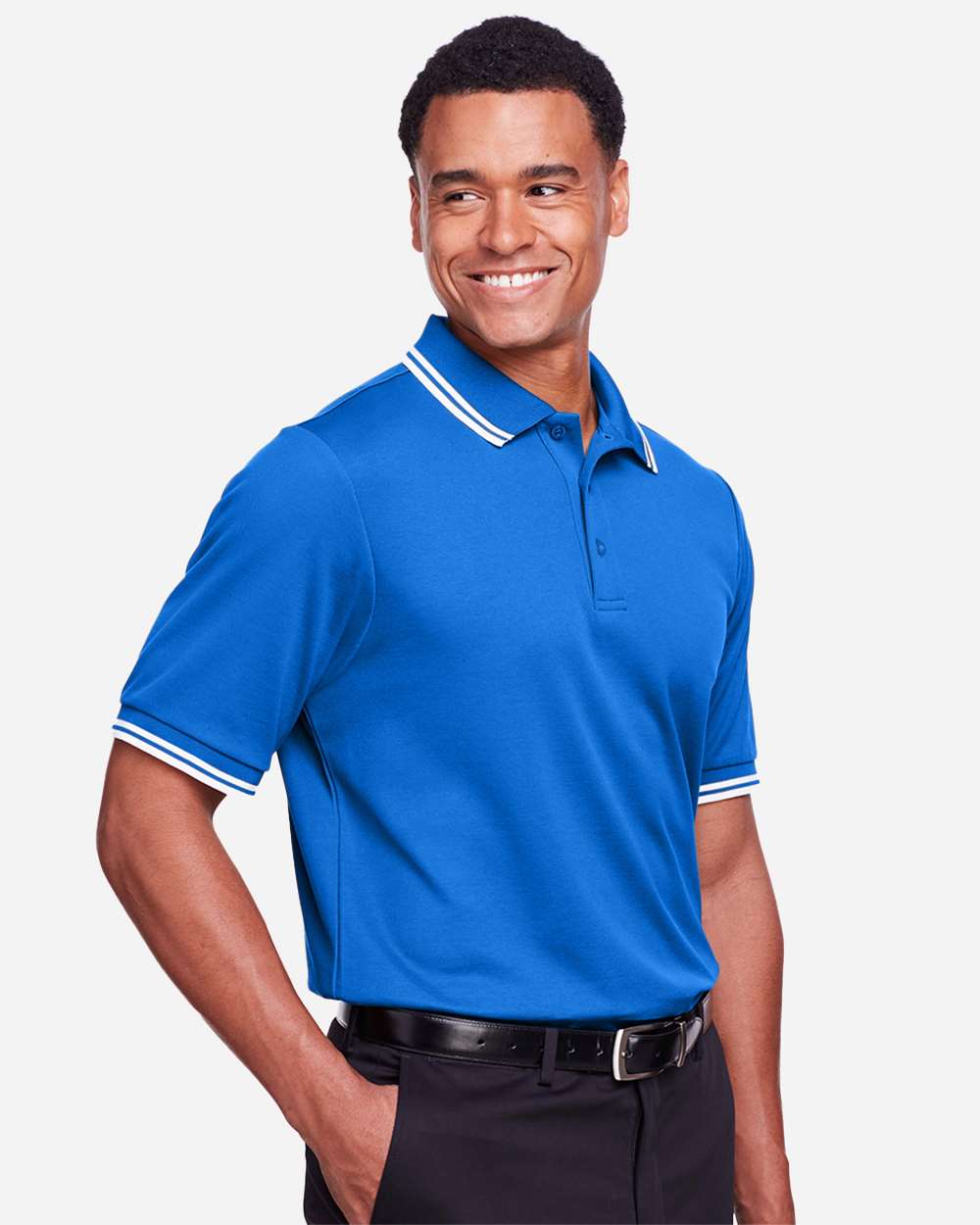Men's CrownLux Performance® Plaited Tipped Polo - OnModelSide - B633B2253 - French Blue/ White