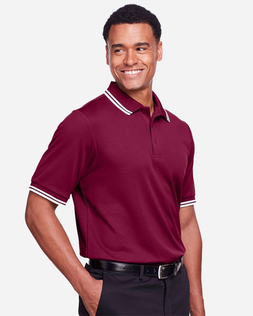 Men's CrownLux Performance® Plaited Tipped Polo - OnModelSide - B633B2323 - Burgundy/ White