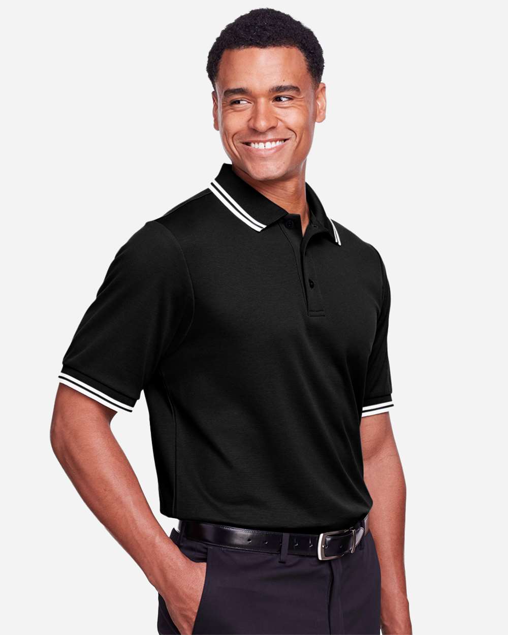 Men's CrownLux Performance® Plaited Tipped Polo - OnModelSide - B633B2503 - Black/ White
