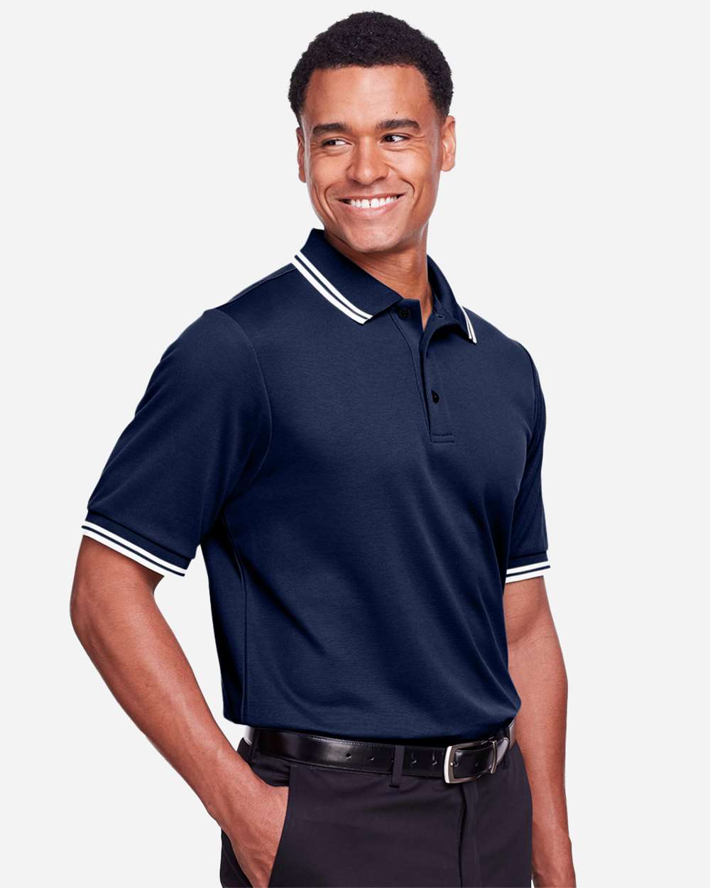 Men's CrownLux Performance® Plaited Tipped Polo - OnModelSide - B633B2653 - Navy/ White