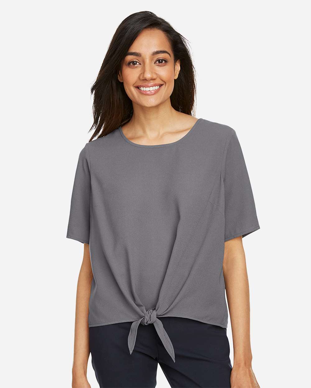 Women's Perfect Fit™ Tie Front Blouse - OnModelFront - B732B2132 - Graphite