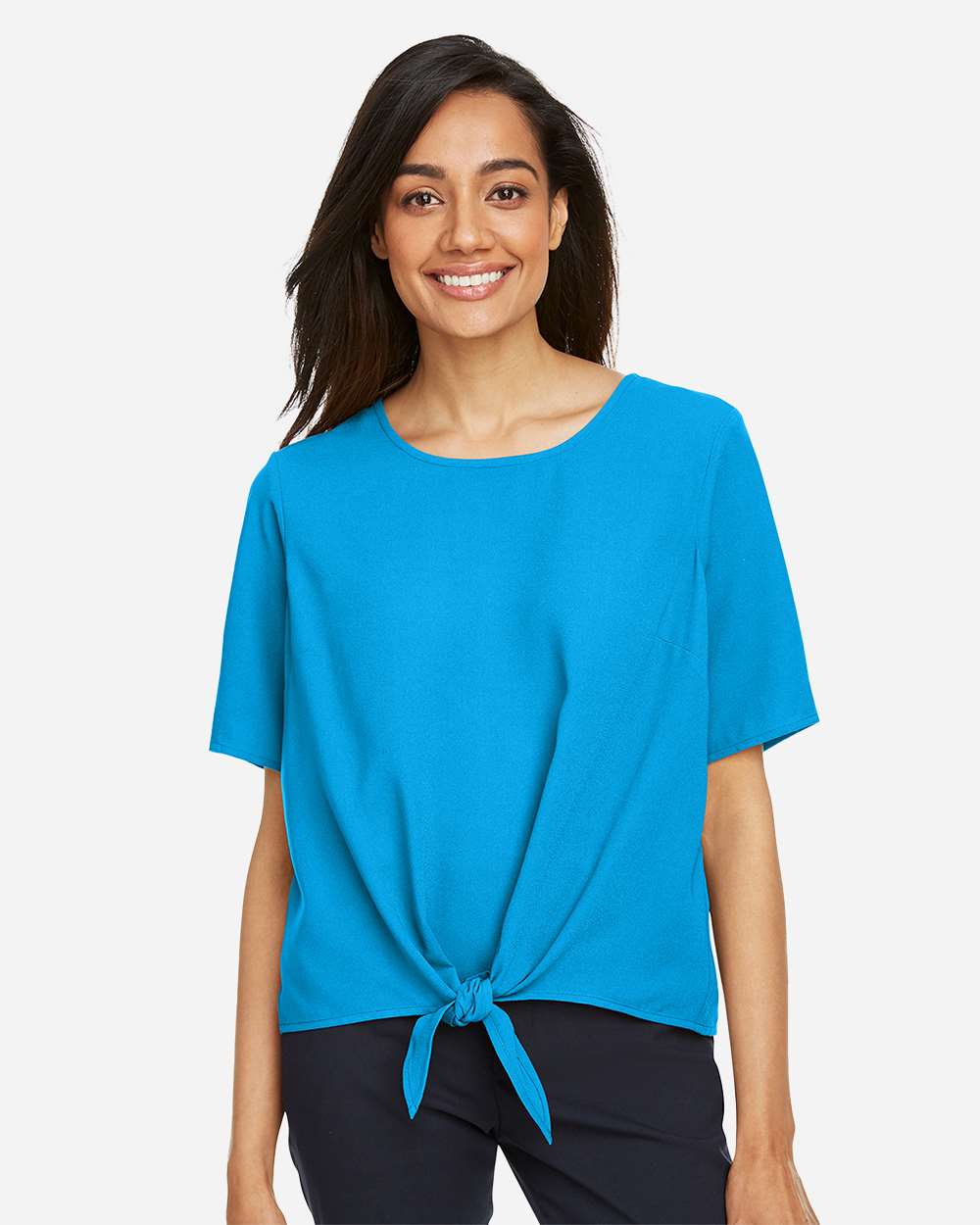 Women's Perfect Fit™ Tie Front Blouse - OnModelFront - B732B2682 - Ocean Blue