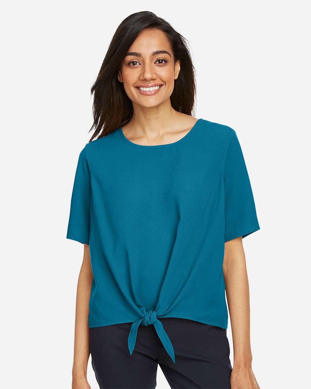 Women's Perfect Fit™ Tie Front Blouse - OnModelFront - B732B2782 - Dark Teal