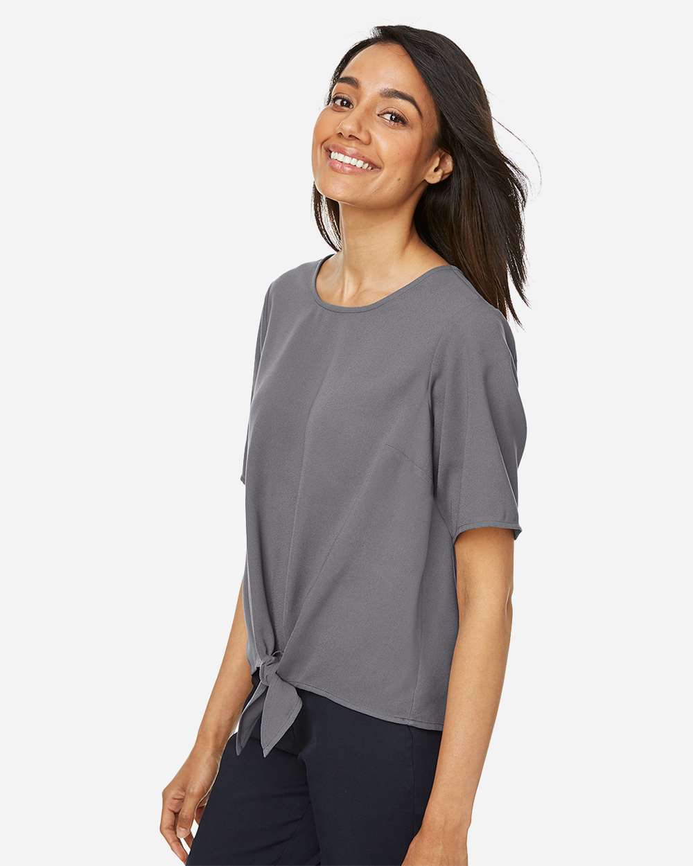 Women's Perfect Fit™ Tie Front Blouse - OnModelSide - B732B2132 - Graphite