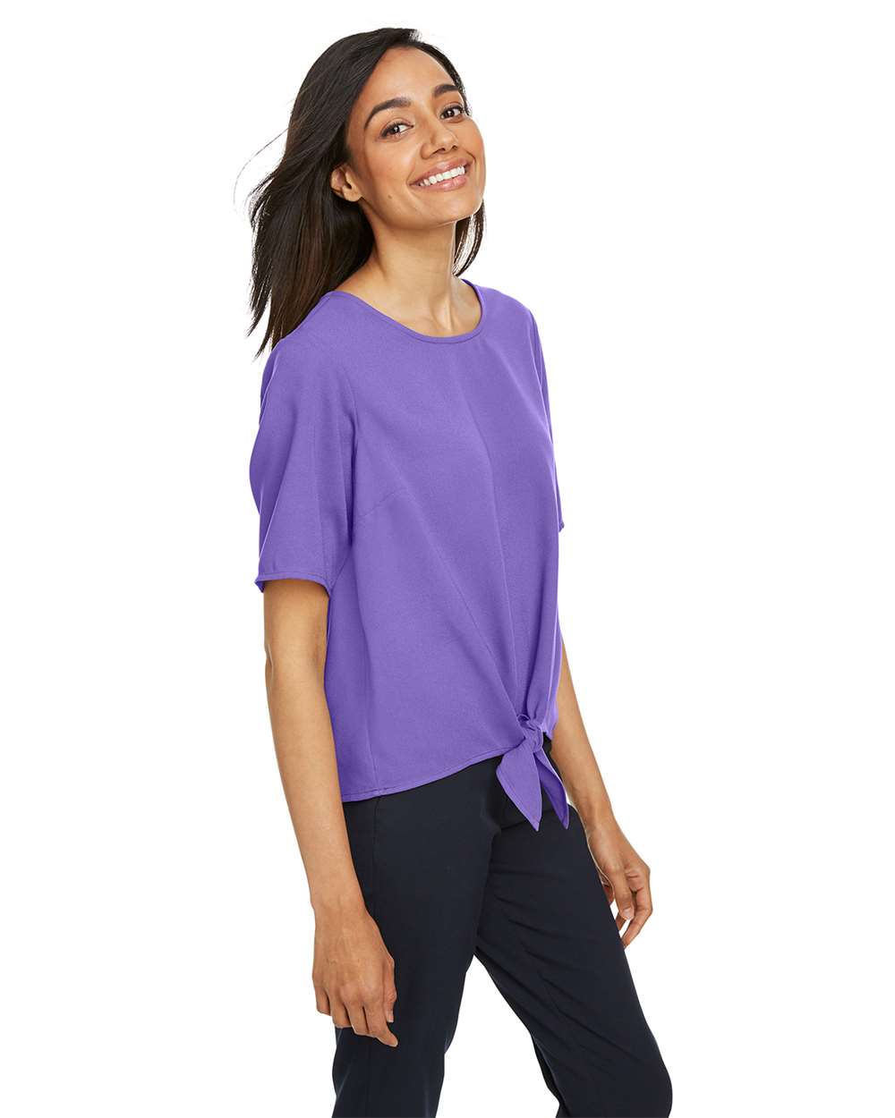 Women's Perfect Fit™ Tie Front Blouse - OnModelSide - B732B2672 - Grape