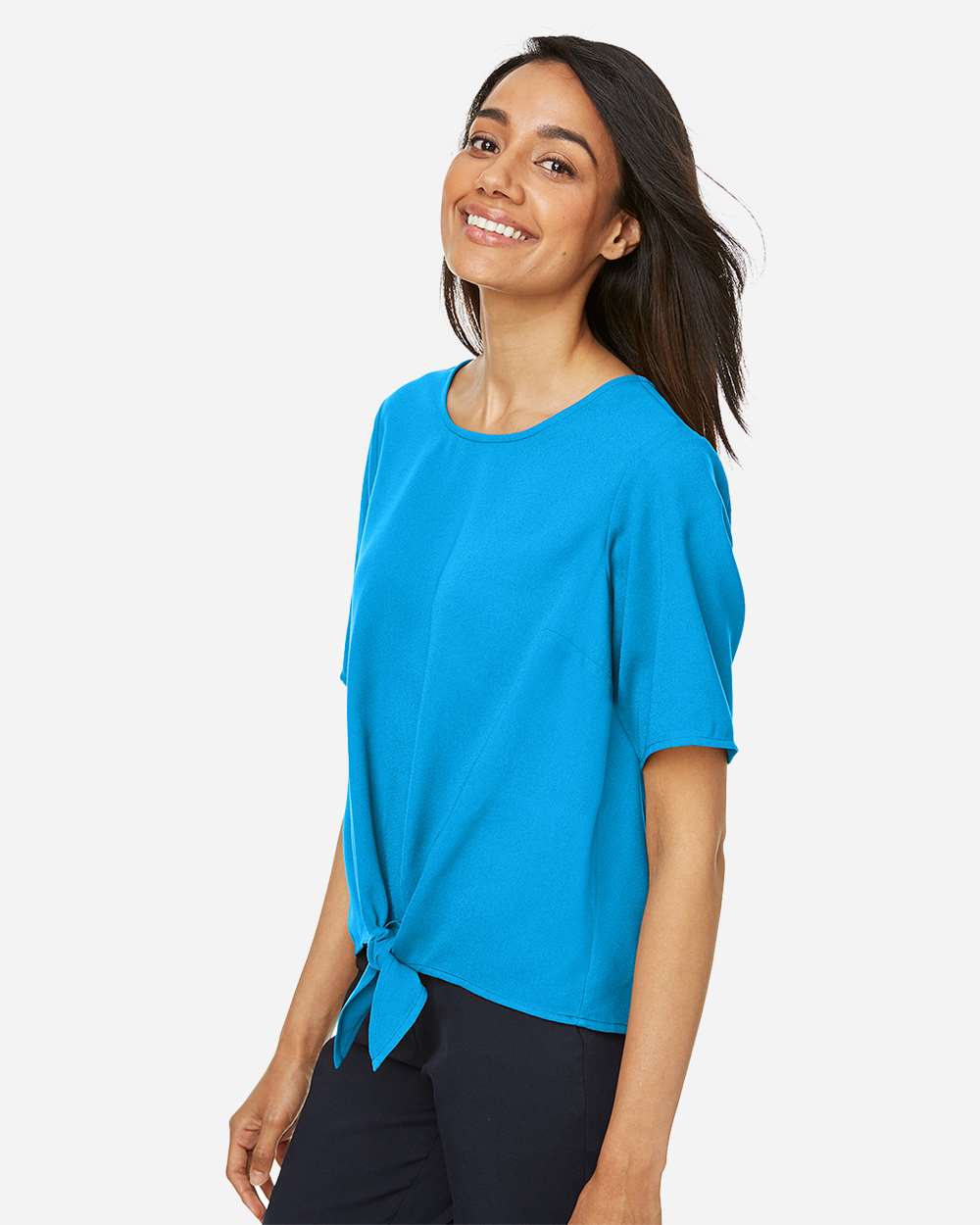 Women's Perfect Fit™ Tie Front Blouse - OnModelSide - B732B2682 - Ocean Blue
