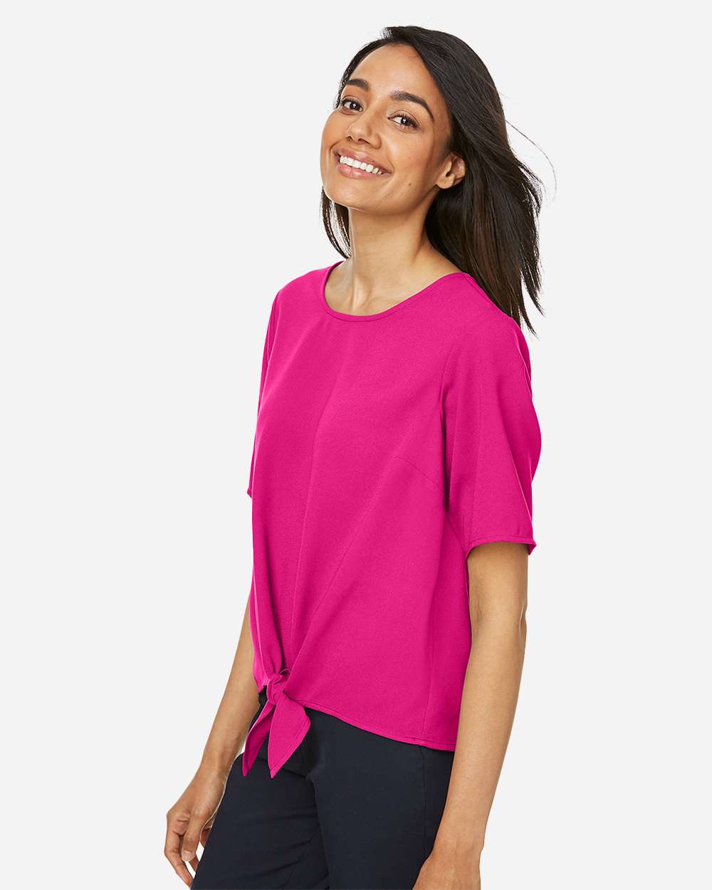 Women's Perfect Fit™ Tie Front Blouse - OnModelSide - B732B2692 - Crown Raspberry
