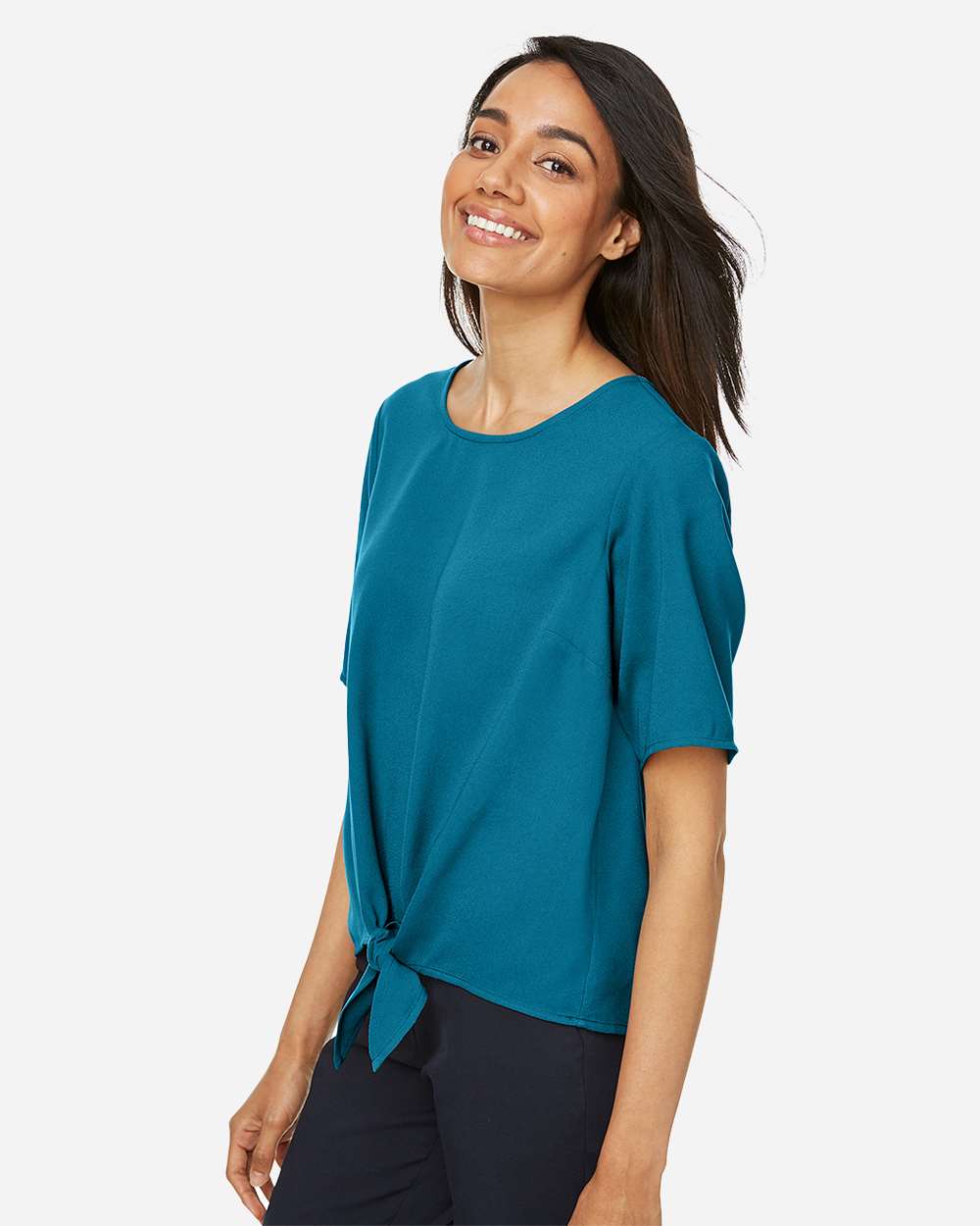Women's Perfect Fit™ Tie Front Blouse - OnModelSide - B732B2782 - Dark Teal