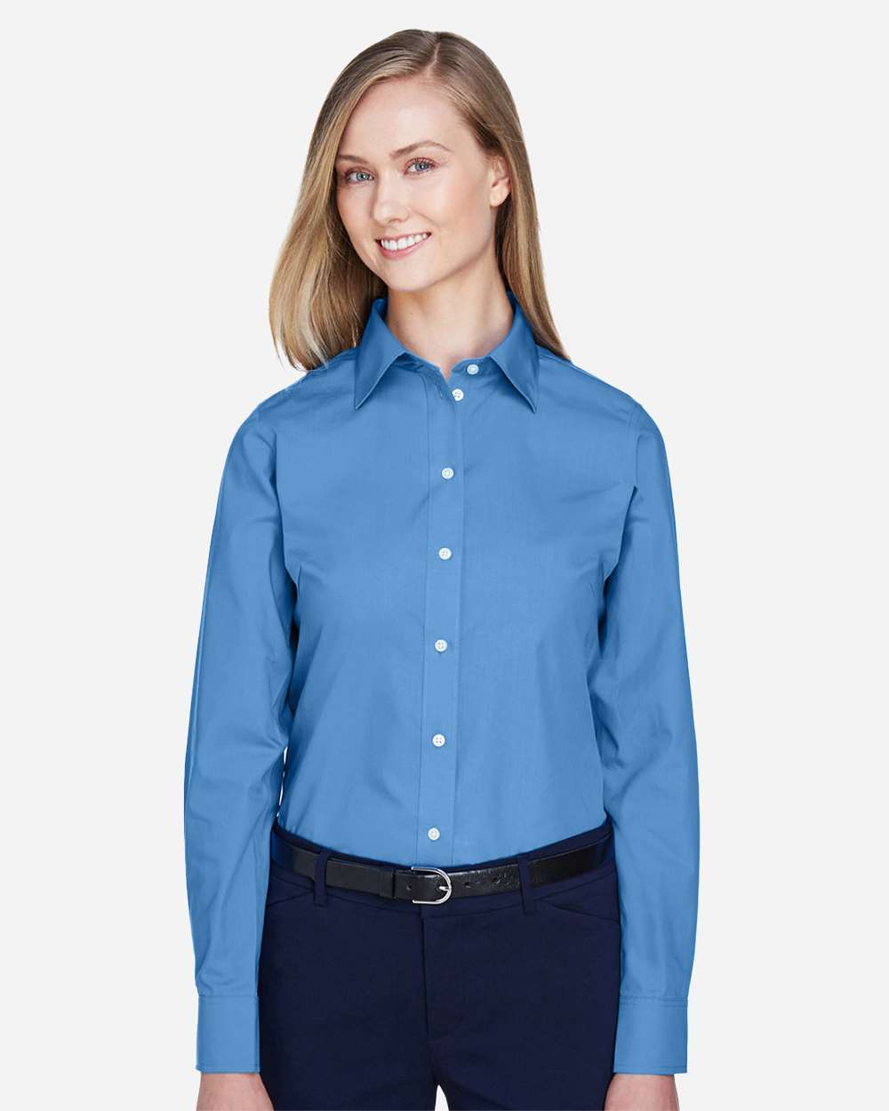 Women's Crown Collection® Broadcloth Woven Dress Shirt - OnModelFront - B601B2102 - French Blue