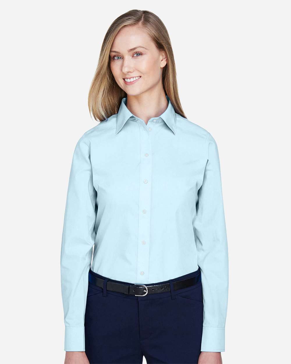 Women's Crown Collection® Broadcloth Woven Dress Shirt - OnModelFront - B601B2252 - Crystal Blue