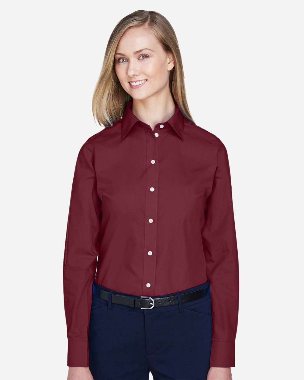 Women's Crown Collection® Broadcloth Woven Dress Shirt - OnModelFront - B601B2322 - Burgundy