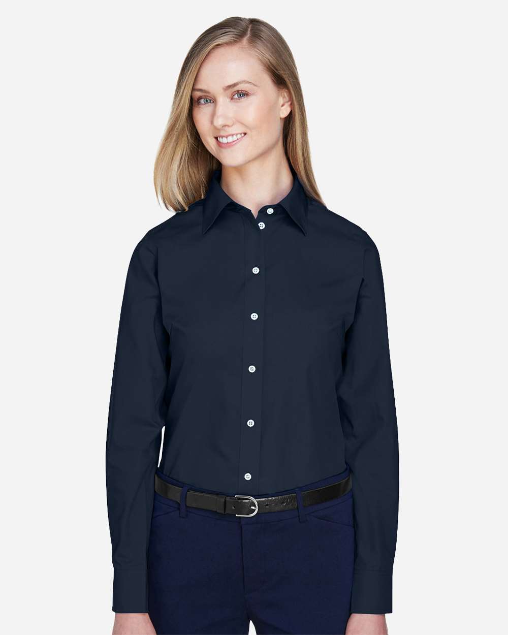 Women's Crown Collection® Broadcloth Woven Dress Shirt - OnModelFront - B601B2652 - Navy