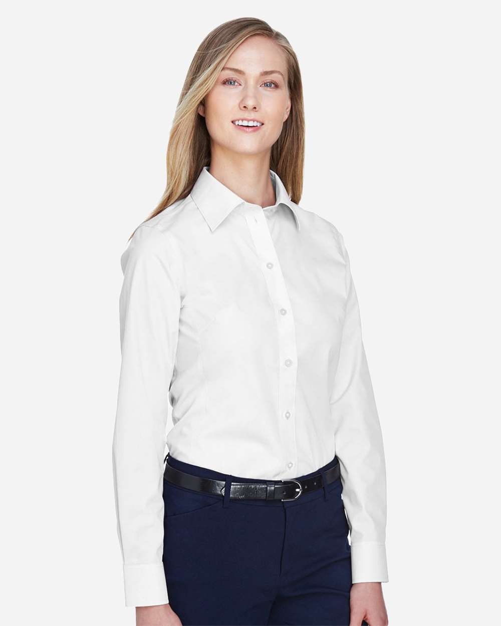 Women's Crown Collection® Broadcloth Woven Dress Shirt - OnModelSide - B601B2002 - White