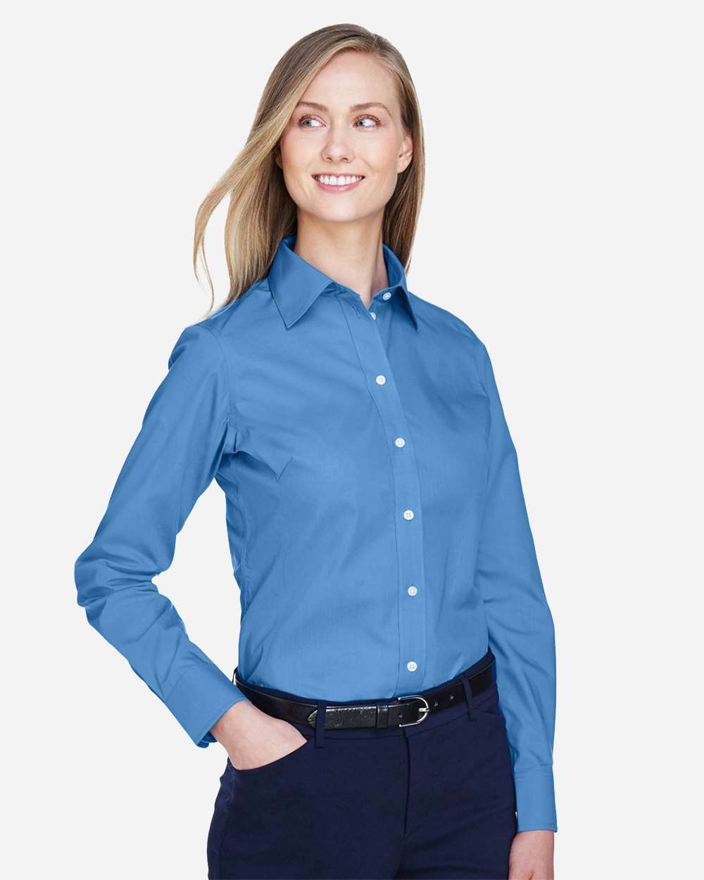 Women's Crown Collection® Broadcloth Woven Dress Shirt - OnModelSide - B601B2102 - French Blue