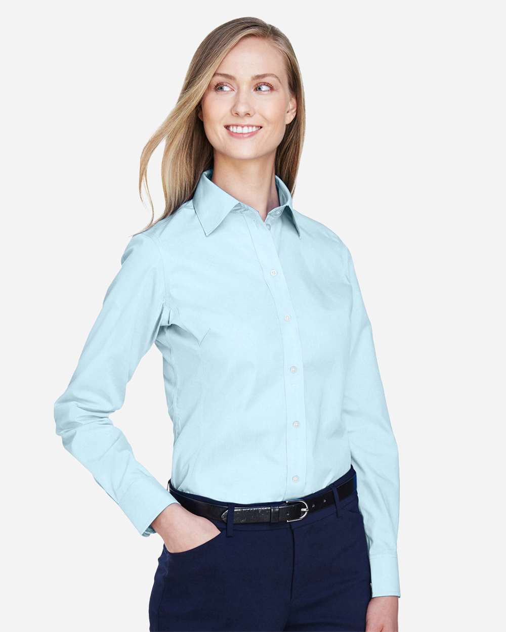 Women's Crown Collection® Broadcloth Woven Dress Shirt - OnModelSide - B601B2252 - Crystal Blue