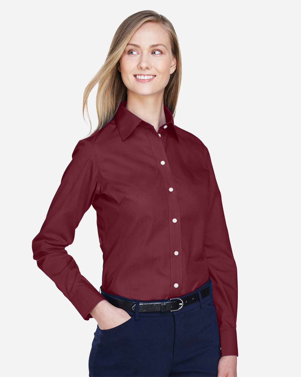Women's Crown Collection® Broadcloth Woven Dress Shirt - OnModelSide - B601B2322 - Burgundy