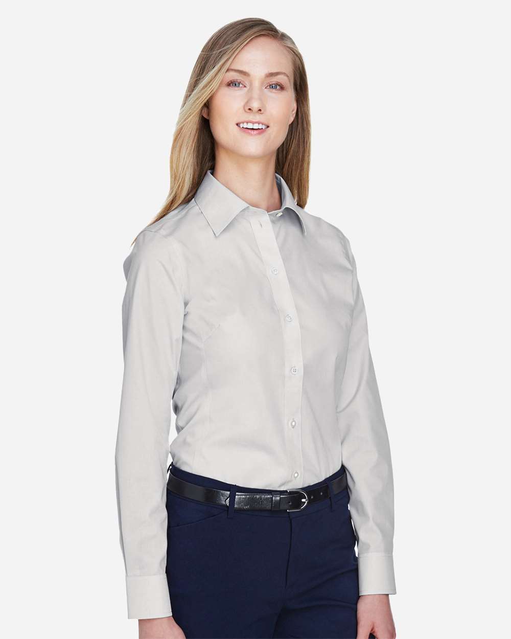 Women's Crown Collection® Broadcloth Woven Dress Shirt - OnModelSide - B601B2352 - Silver