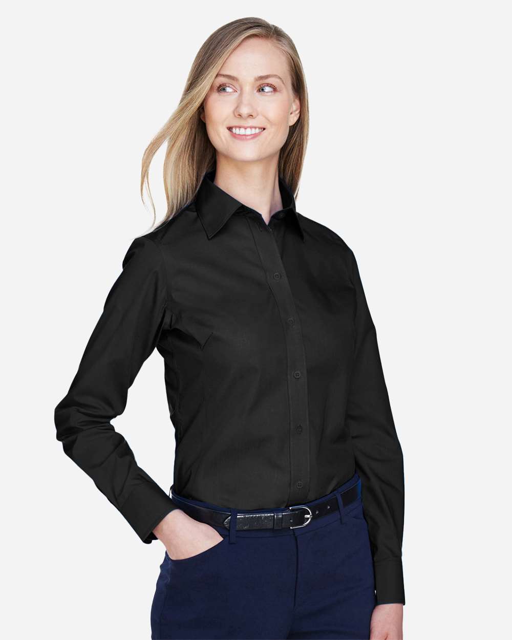 Women's Crown Collection® Broadcloth Woven Dress Shirt - OnModelSide - B601B2502 - Black
