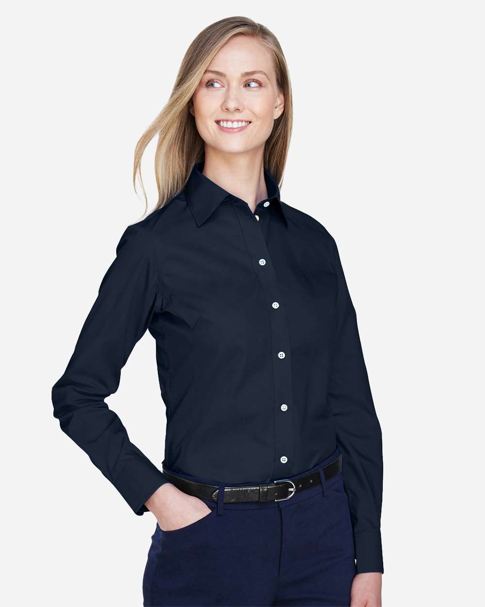 Women's Crown Collection® Broadcloth Woven Dress Shirt - OnModelSide - B601B2652 - Navy