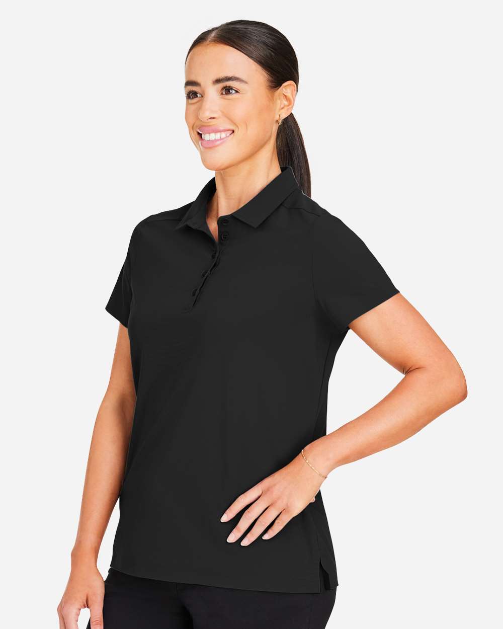 Women's CrownLux Performance® Windsor Welded Polo - OnModelSide - B623B2502 - Black