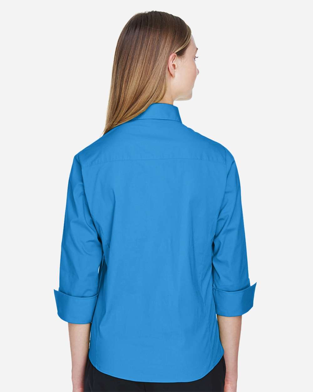Women's Perfect Fit™ Three-Quarter Sleeve Stretch Poplin Dress Shirt - OnModelBack - B733B2252 - French Blue