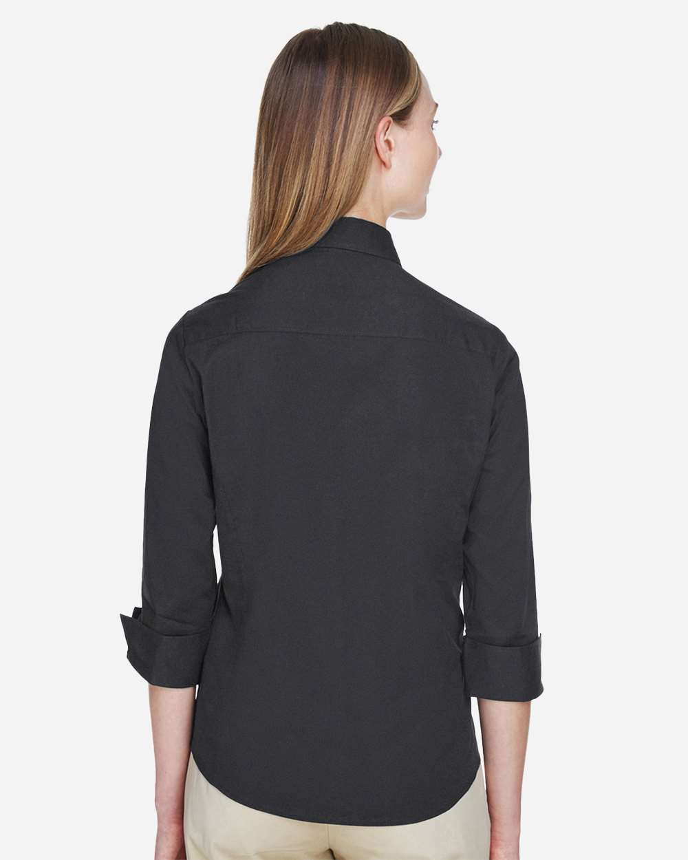 Women's Perfect Fit™ Three-Quarter Sleeve Stretch Poplin Dress Shirt - OnModelBack - B733B2502 - Black