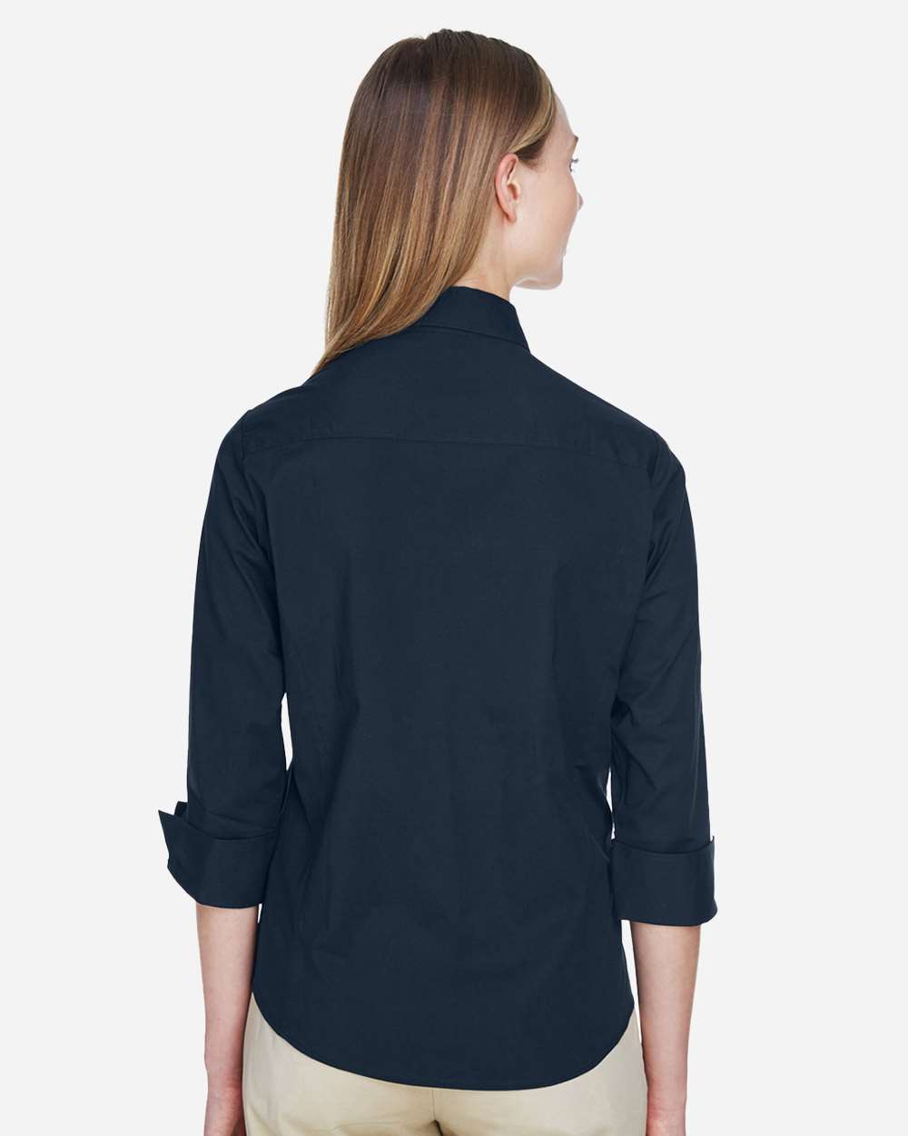 Women's Perfect Fit™ Three-Quarter Sleeve Stretch Poplin Dress Shirt - OnModelBack - B733B2652 - Navy