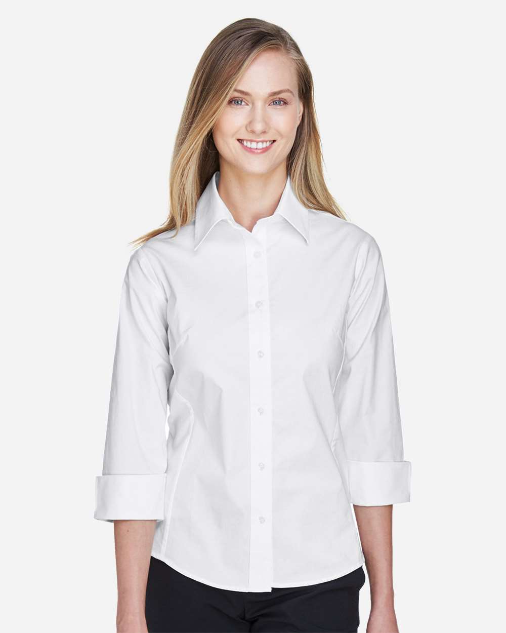 Women's Perfect Fit™ Three-Quarter Sleeve Stretch Poplin Dress Shirt - OnModelFront - B733B2002 - White
