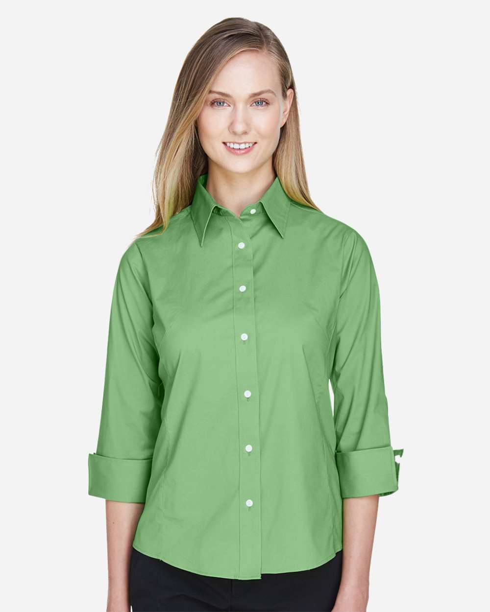 Women's Perfect Fit™ Three-Quarter Sleeve Stretch Poplin Dress Shirt - OnModelFront - B733B2222 - Lime