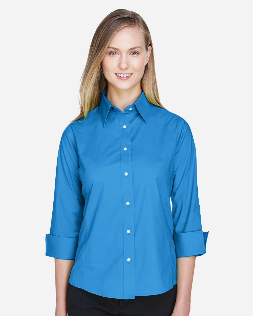Women's Perfect Fit™ Three-Quarter Sleeve Stretch Poplin Dress Shirt - OnModelFront - B733B2252 - French Blue