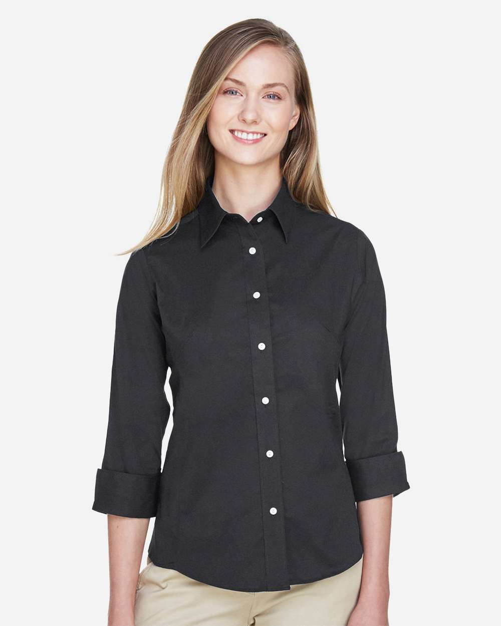 Women's Perfect Fit™ Three-Quarter Sleeve Stretch Poplin Dress Shirt - OnModelFront - B733B2502 - Black