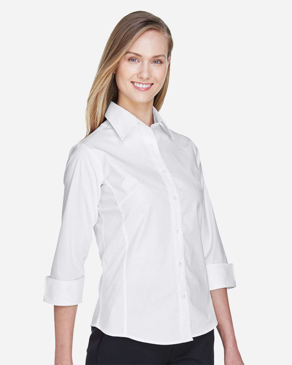 Women's Perfect Fit™ Three-Quarter Sleeve Stretch Poplin Dress Shirt - OnModelSide - B733B2002 - White