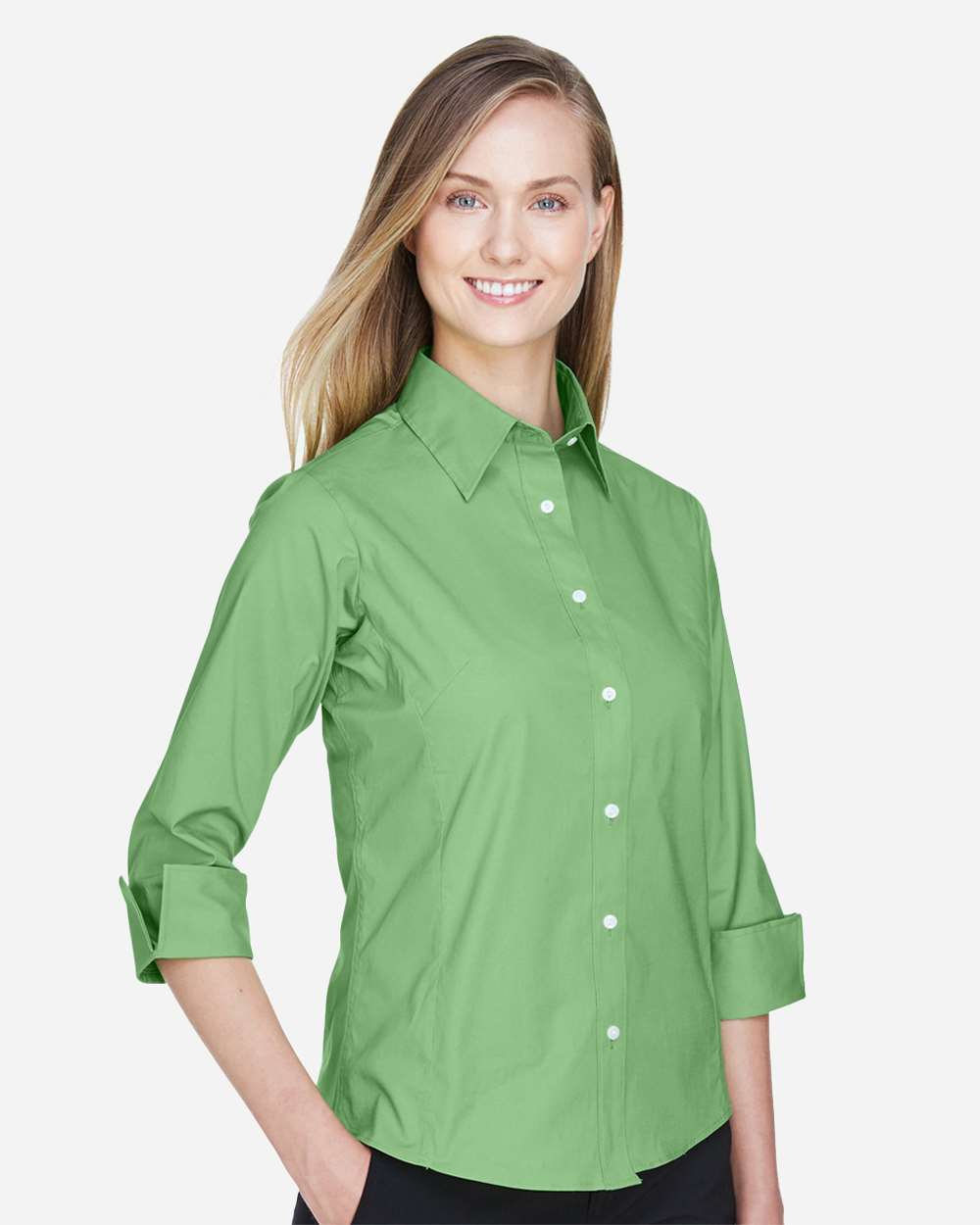 Women's Perfect Fit™ Three-Quarter Sleeve Stretch Poplin Dress Shirt - OnModelSide - B733B2222 - Lime