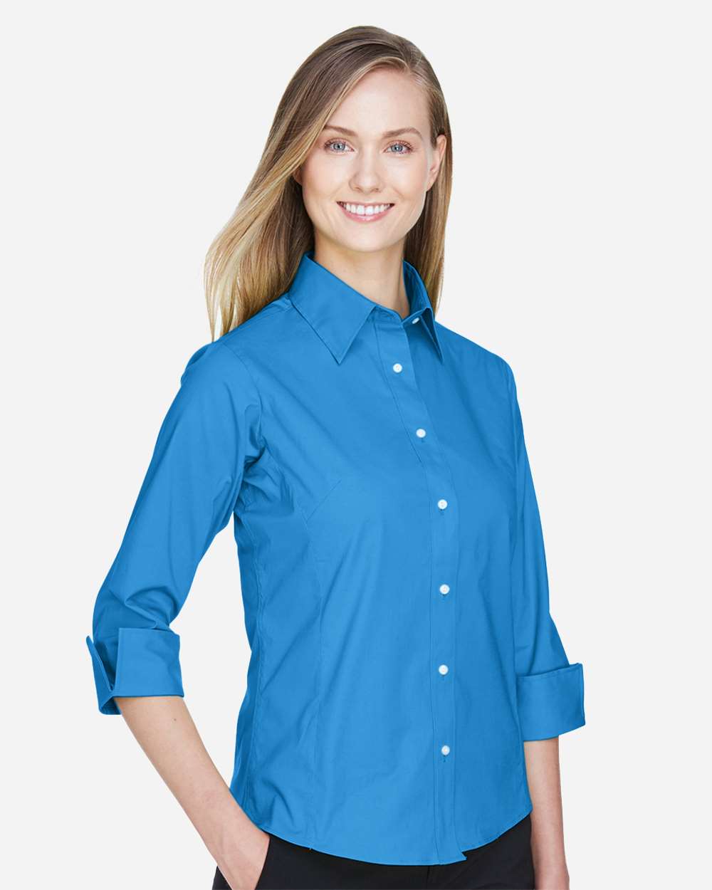 Women's Perfect Fit™ Three-Quarter Sleeve Stretch Poplin Dress Shirt - OnModelSide - B733B2252 - French Blue