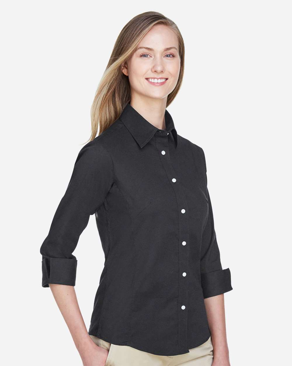 Women's Perfect Fit™ Three-Quarter Sleeve Stretch Poplin Dress Shirt - OnModelSide - B733B2502 - Black