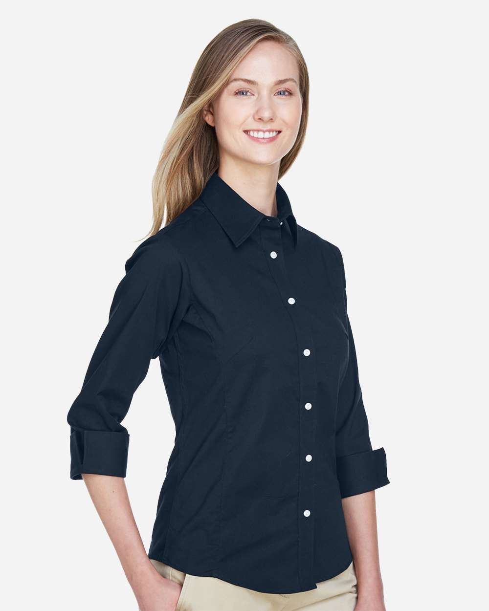 Women's Perfect Fit™ Three-Quarter Sleeve Stretch Poplin Dress Shirt - OnModelSide - B733B2652 - Navy