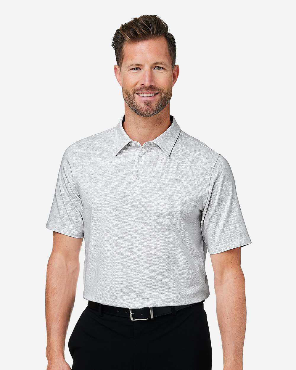 Men's Crownlux Performance® Geo Polo - OnModelFront - B620B2003 - White/ Silver