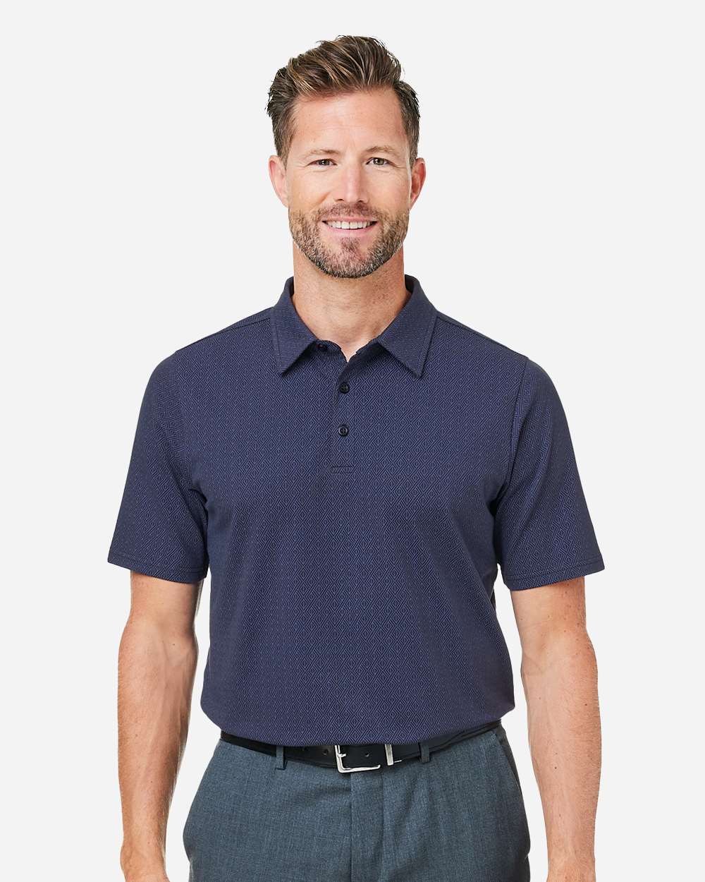 Men's Crownlux Performance® Geo Polo - OnModelFront - B620B2653 - Navy/ French Blue