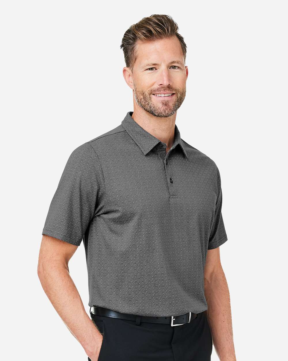 Men's Crownlux Performance® Geo Polo - OnModelSide - B620B2133 - Graphite/ Silver