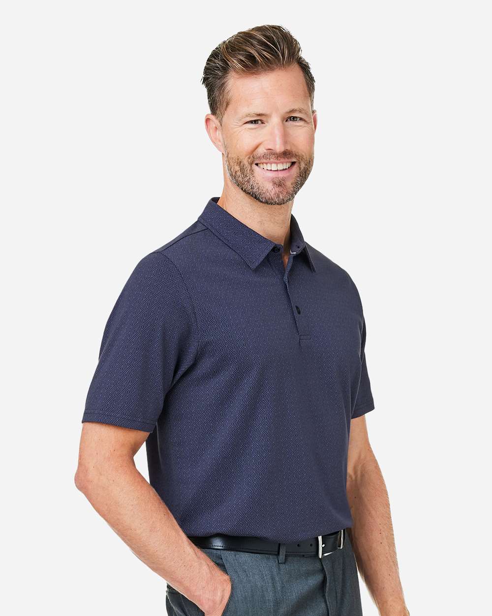 Men's Crownlux Performance® Geo Polo - OnModelSide - B620B2653 - Navy/ French Blue