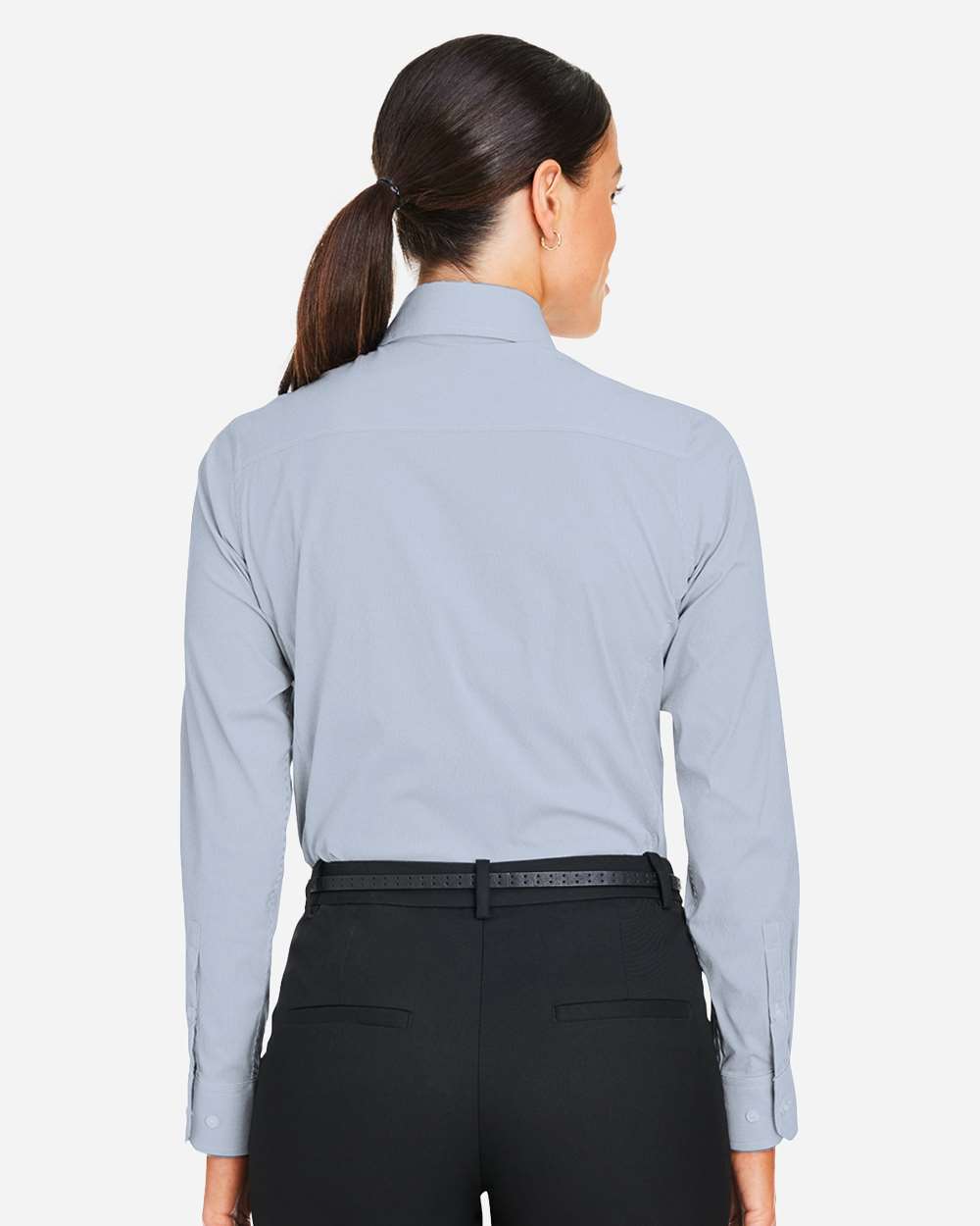 Women's CrownLux Performance® Microstripe Dress Shirt - OnModelBack - B686B2652 - Navy/ White