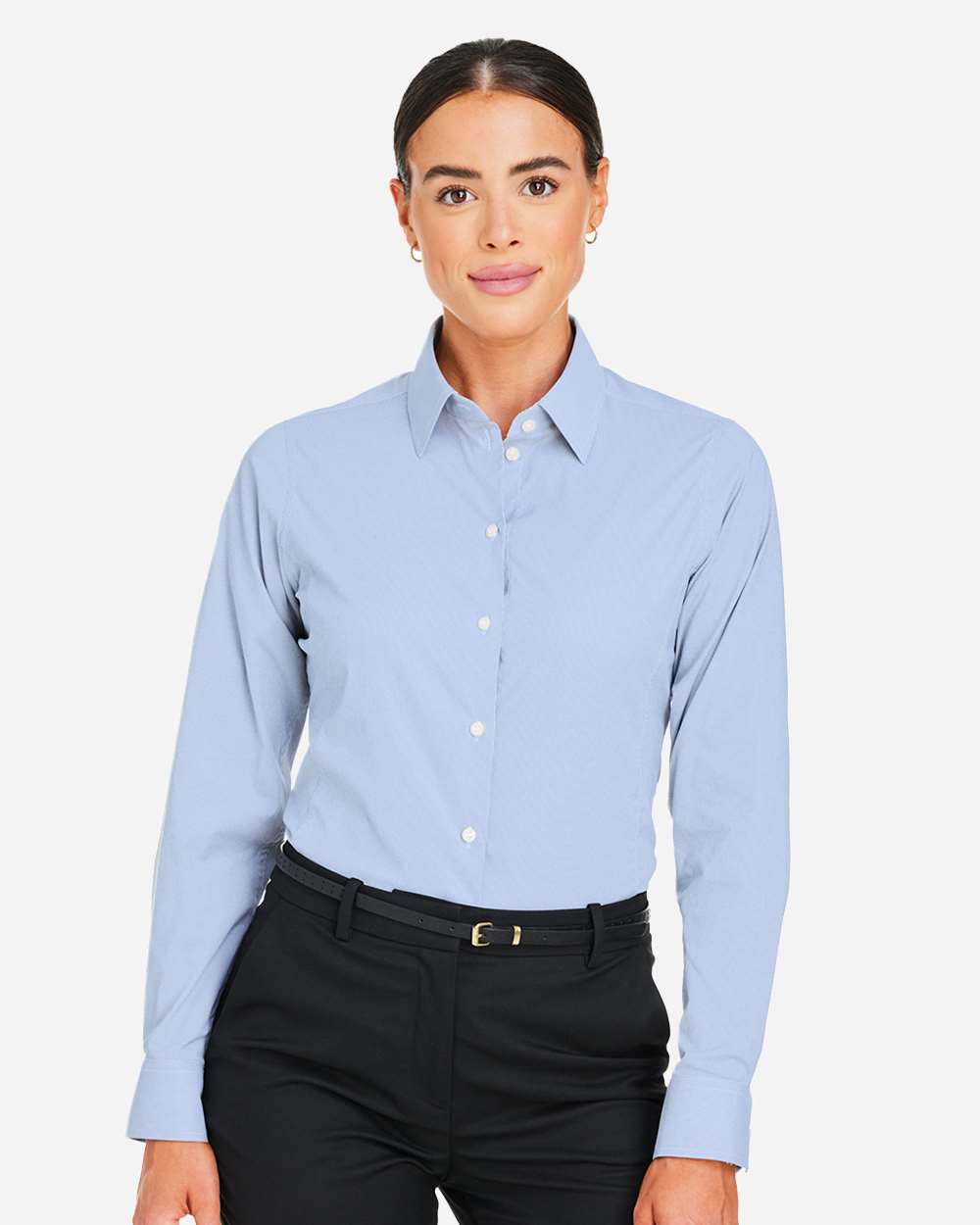 Women's CrownLux Performance® Microstripe Dress Shirt - OnModelFront - B686B2252 - French Blue/ White