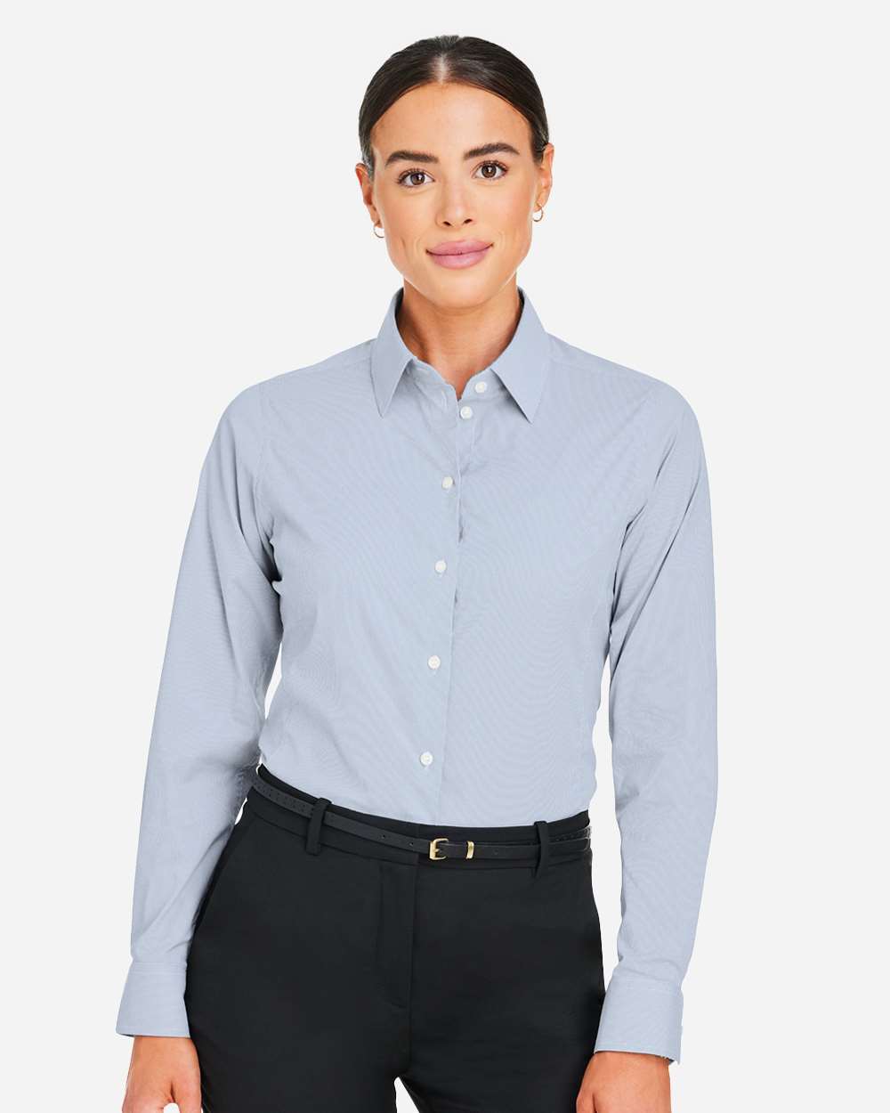 Women's CrownLux Performance® Microstripe Dress Shirt - OnModelFront - B686B2652 - Navy/ White