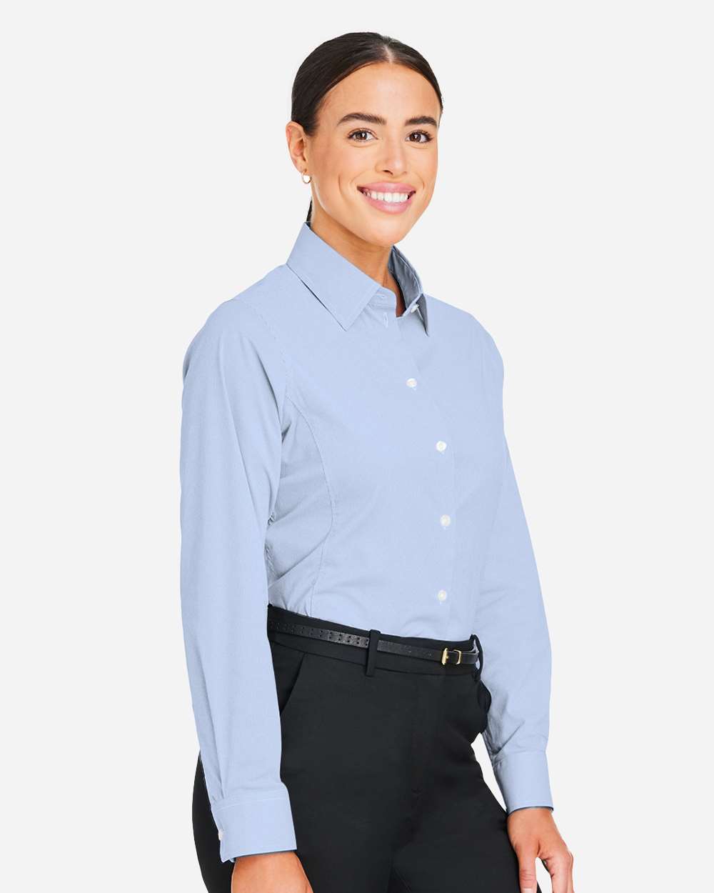 Women's CrownLux Performance® Microstripe Dress Shirt - OnModelSide - B686B2252 - French Blue/ White