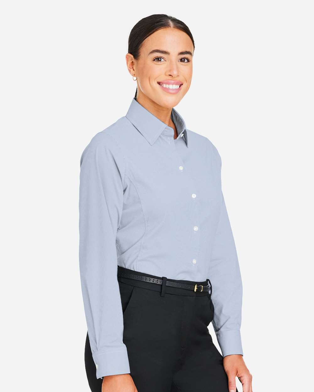 Women's CrownLux Performance® Microstripe Dress Shirt - OnModelSide - B686B2652 - Navy/ White