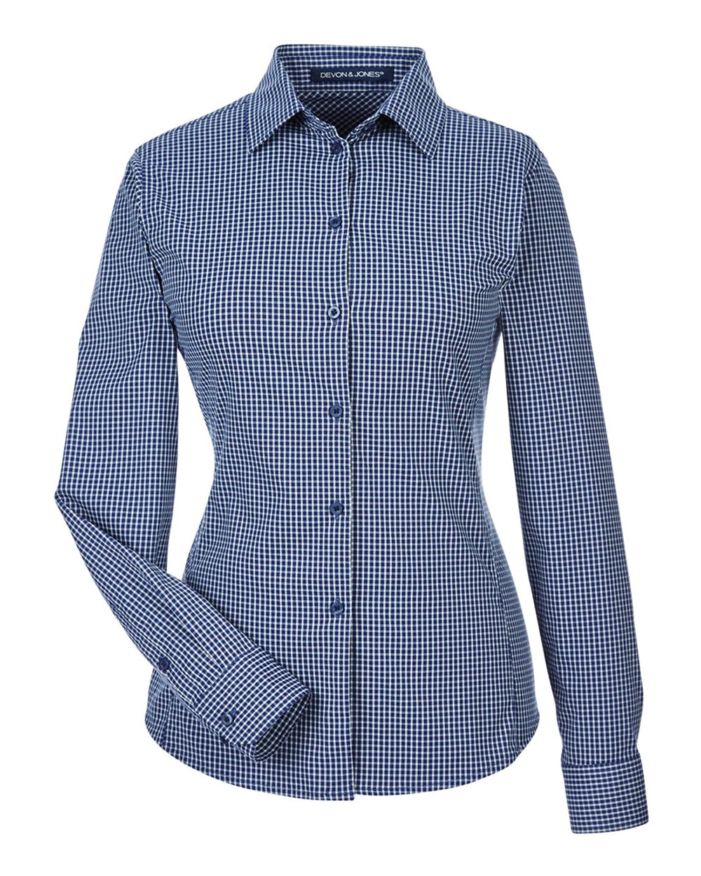 Women's CrownLux Performance® Tonal Mini Check Woven Dress Shirt - Front - B682B2652 - Navy