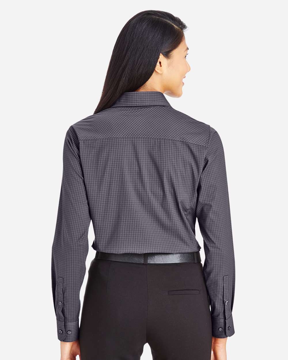 Women's CrownLux Performance® Tonal Mini Check Woven Dress Shirt - OnModelBack - B682B2092 - Carbon