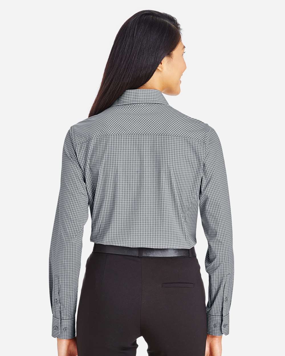 Women's CrownLux Performance® Tonal Mini Check Woven Dress Shirt - OnModelBack - B682B2132 - Graphite
