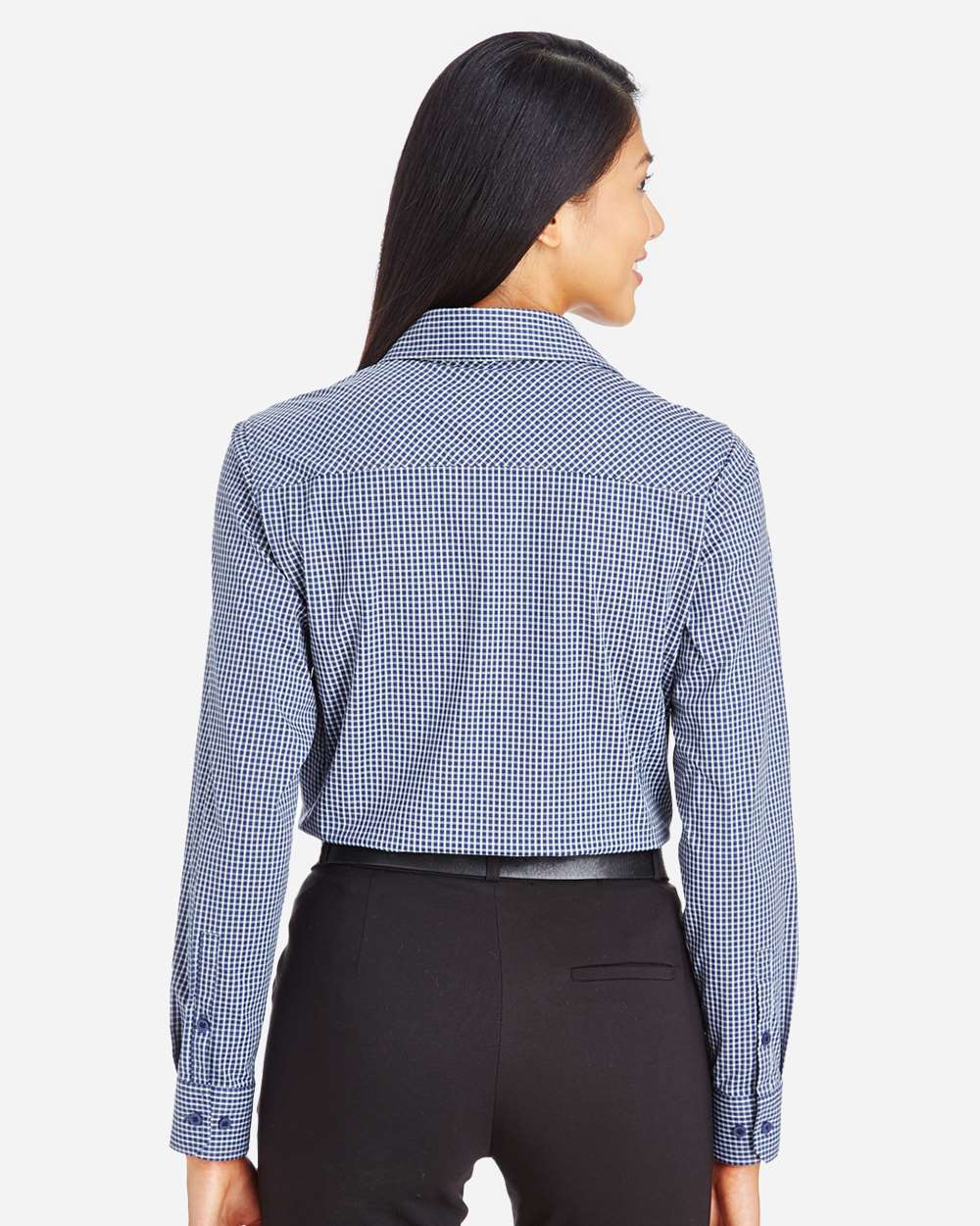 Women's CrownLux Performance® Tonal Mini Check Woven Dress Shirt - OnModelBack - B682B2652 - Navy